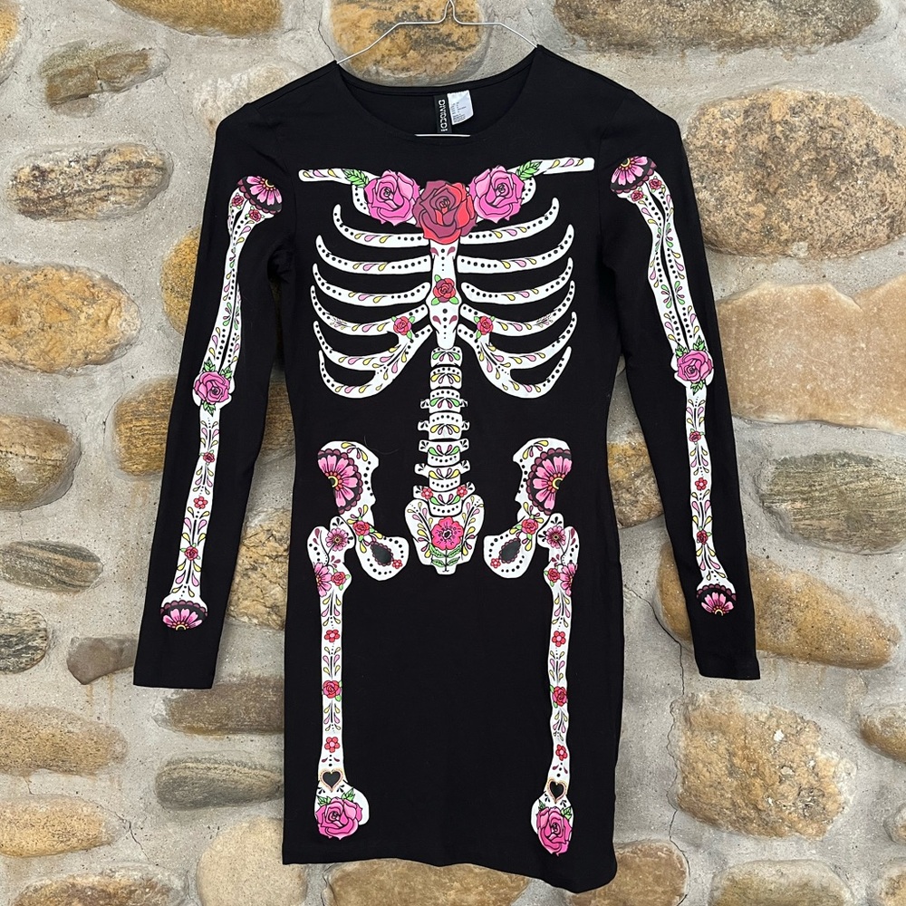 H&M Black Dress with Skeleton and Pink Floral Design